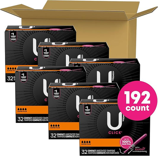 U by Kotex Click Compact Tampons, 192 Count (6 Packs 32) (Packaging