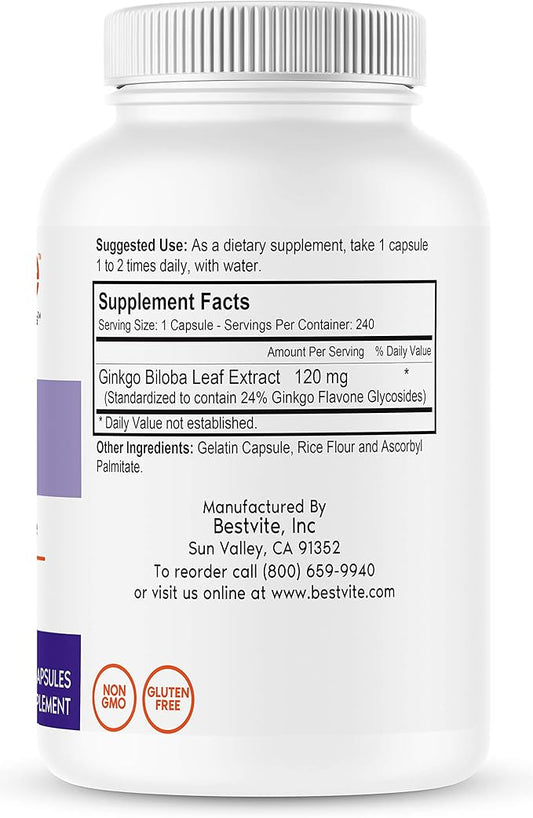 BESTVITE Ginkgo Biloba 120mg (240 Capsules) 24% Ginkgo