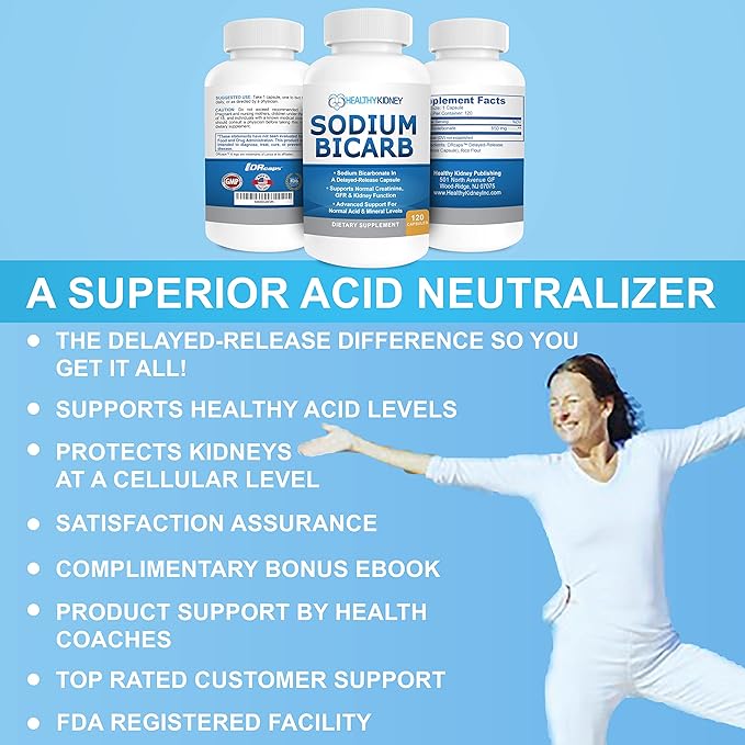 Sodium Bicarbonate 650mg Capsules Delayed Release for Supporting Normal Kidney Function & Kidney Health Supplement. Sodium Bicarbonate Designed for Kidney Support, Acid Relief, Alkalinity 120 Pills
