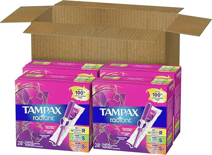 Tampax Radiant Tampons Multipack, Regular/Super/Super Plus 28 Count 4 Packs (112 Count