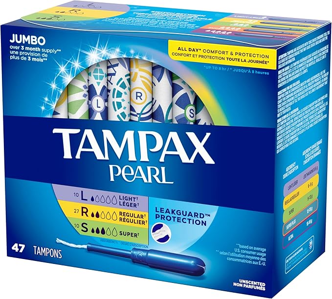 Tampax Pearl Tampons Multipack, Light/Regular/Super Absorbency, 47 Count