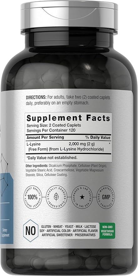 Horbäach L-Lysine | 2000mg | 240 Caplets | Vegetarian, Non-GMO, and Gluten Free Supplement