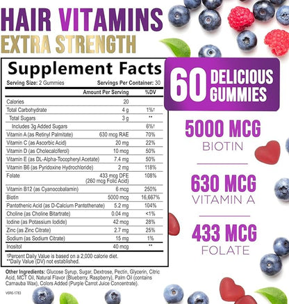 Hair Growth Supplement Gummy for Stronger, 5000 mcg 60 Gummies