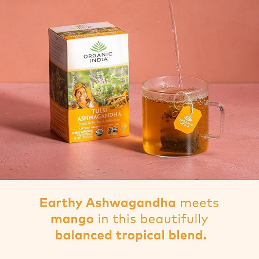 ORGANIC INDIA Calming Tulsi Ashwagandha Tea - Organic Tea Bags, Holy Basil Tea, Vegan, USDA Certified Organic, Non-GMO, Caffeine Free Tea - 18 Infusion Bags, 6 Pack