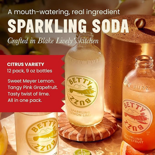 Betty Buzz Premium Sparkling Soda Citrus Variety Pack by Blake Lively (12 pack), Sparkling Grapefruit, Sparkling Lemon Lime, Meyer Lemon Club Soda | Real Juice, Natural Flavors, Only Clean Ingredients