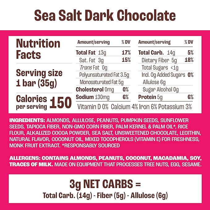 Munk Pack Keto Snack Bars, Sea Salt Dark Chocolate - Low Carb Nut Bar with 5g Protein, 1g Sugar with Allulose - Gluten Free & Low Glycemic - 24 Count