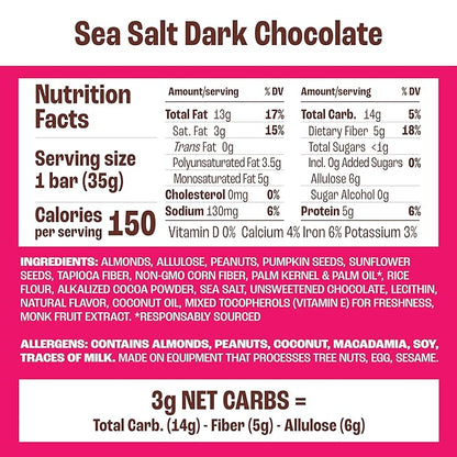 Munk Pack Keto Snack Bars, Sea Salt Dark Chocolate - Low Carb Nut Bar with 5g Protein, 1g Sugar with Allulose - Gluten Free & Low Glycemic - 24 Count
