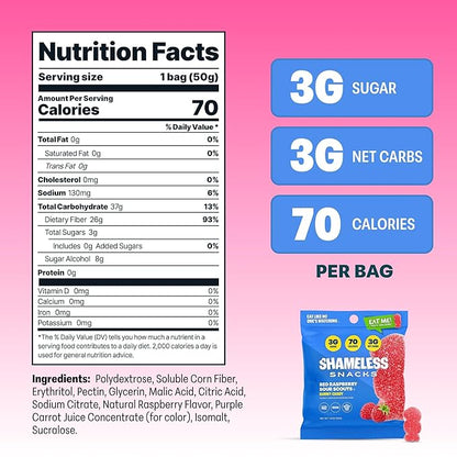 Shameless Snacks - Healthy Low Calorie Snacks, Low Carb Keto Gummies (Gluten Free Candy) - 6 Pack Red Raspberry Sour Scouts