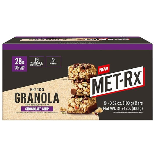 MET-Rx Big 100 Granola Protein Bar, Meal Replacement Bar, 32G Protein, Chocolate Chip, Pack of 9
