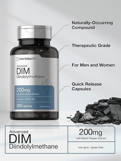 Horbäach DIM Supplement | 200mg | 200 Capsules | for Women and Men | Advanced Diindolylmethane | with Black Pepper Extract | Non-GMO, Gluten Free