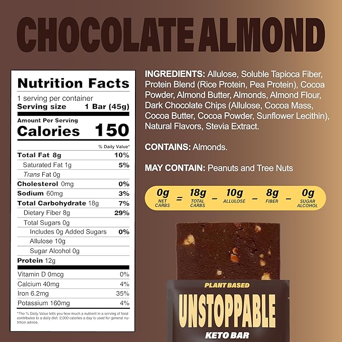 UNSTOPPABLE Vegan Protein Bars, High Protein, Plant Based, Gluten Free, High Fiber, Low Carb, Low Calorie, Healthy Snacks, No Sugar, Keto Energy Bar, Chocolate Almond, 12 Count