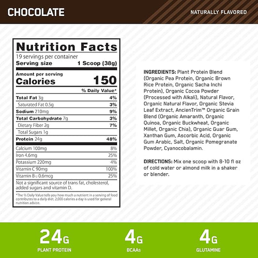 Optimum Nutrition Gold Standard 100% Plant Based Protein Powder, Vitamin C for Immune Support, Chocolate, 1.59 Pound