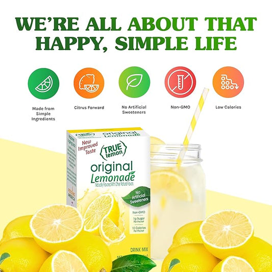 TRUE LEMON Original Lemonade Drink Mix| Made from Real Lemon | No Preservatives, No Artificial Sweeteners, Gluten Free | Water Flavor Packets & Water Enhancer with Stevia 30 Count (Pack of 1)