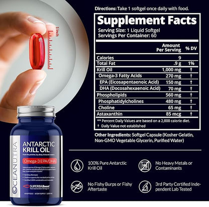 100% Pure Krill Oil 1000MG 60-Day 56% Phospholipids 3 EPA