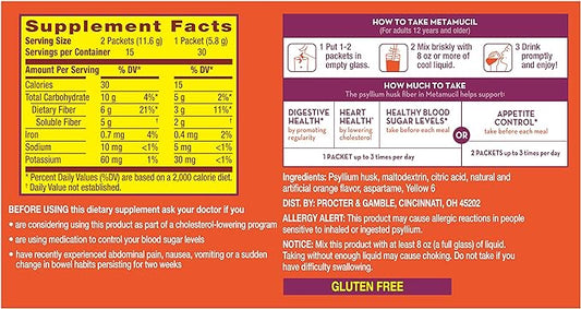 Metamucil On-The-Go, Psyllium Husk Fiber Supplement, 4-in-1 Fiber 30 Count 2 Packs (60 Count