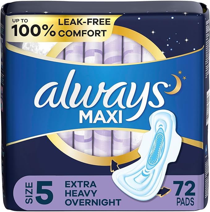 Always Maxi Overnight Pads with Wings, 5, Extra 72 Count