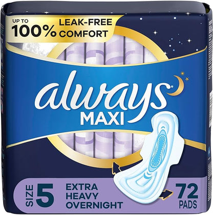 Always Maxi Overnight Pads with Wings, 5, Extra 72 Count