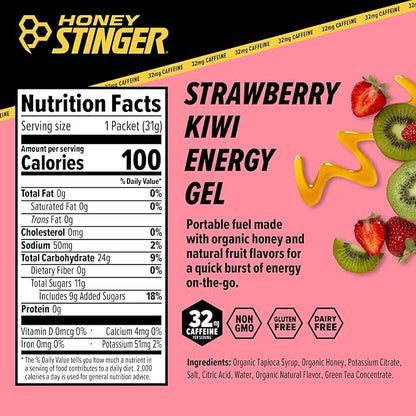 Honey Stinger Strawberry Kiwi Energy Gel | Caffeinated & Gluten Free with Organic Honey | For Exercise, Running and Performance | Sports Nutrition for Home & Gym, Pre and Mid Workout | 24 Pack