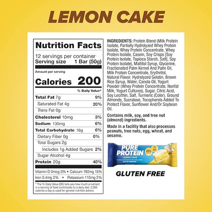 Pure Protein Bars, High Protein, Nutritious Snacks to Support Energy, Low Sugar, Lemon Cake, 1.76 oz, 12 Count (Pack of 1)(Packaging May Vary)