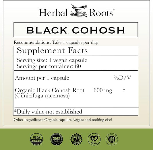 Herbal Roots Organic Black Cohosh Root 600mg | 60 Capsules,