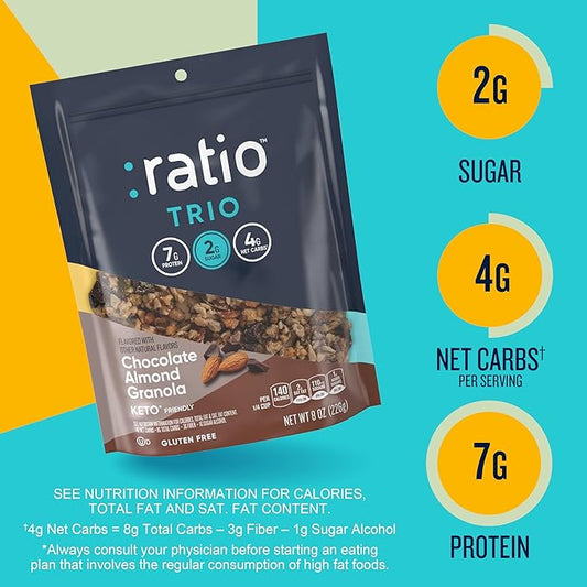 Ratio Trio Chocolate Almond Granola Cereal, 2g Sugar, Keto Friendly, 8 oz Resealable Cereal Bag