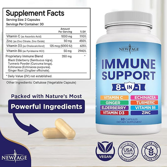 NEW AGE 8 in 1 Immune Support Booster Supplement with Echinacea, Vitamin C and Zinc 50mg, Vitamin D 5000 IU, Turmeric Curcumin & Ginger, B6, Elderberry (8 in 1 Capsules (Pack of 3))