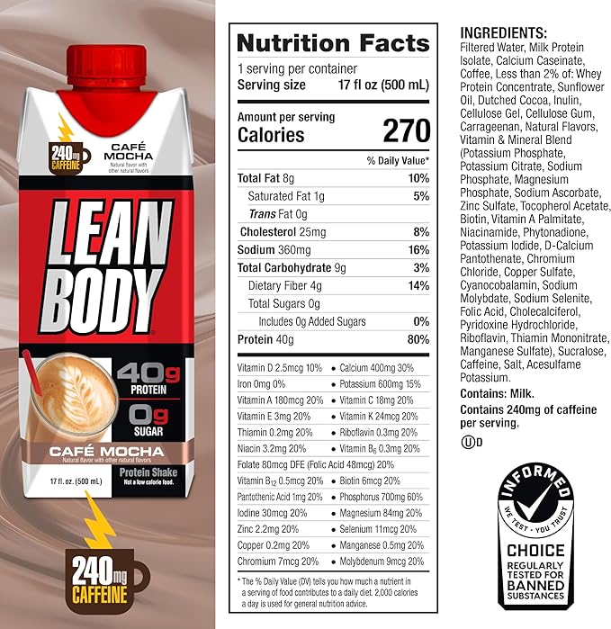 Lean Body Ready-to-Drink Café Mocha Protein 240mg Caffeine, 40g Protein, 0 Sugar, 22 Vitamins 12) LABRADA