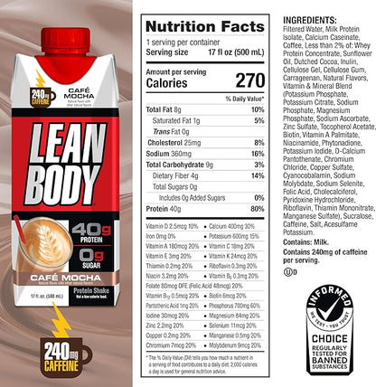 Lean Body Ready-to-Drink Café Mocha Protein 240mg Caffeine, 40g Protein, 0 Sugar, 22 Vitamins 12) LABRADA