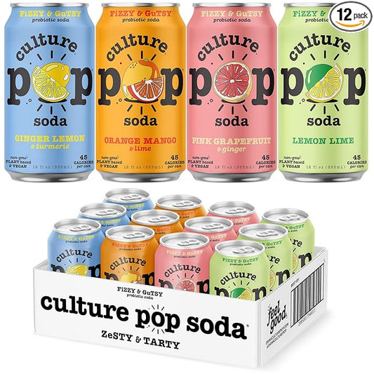 Culture Pop Soda, Zesty & Tarty Variety Pack, Probiotic Low Sugar Soda, Sparkling Juice Alternative, Non-GMO, Kosher, Gluten-Free, No Stevia (12pk)