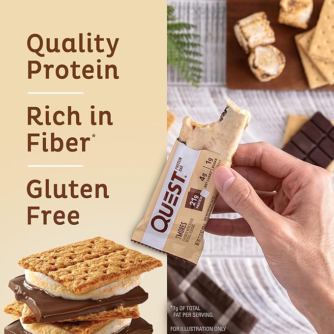 Quest Nutrition S'mores Protein Bar, 31g Protein, 4g Net Carbs, 1g Sugar, Gluten Free, Keto Friendly, 4 Count