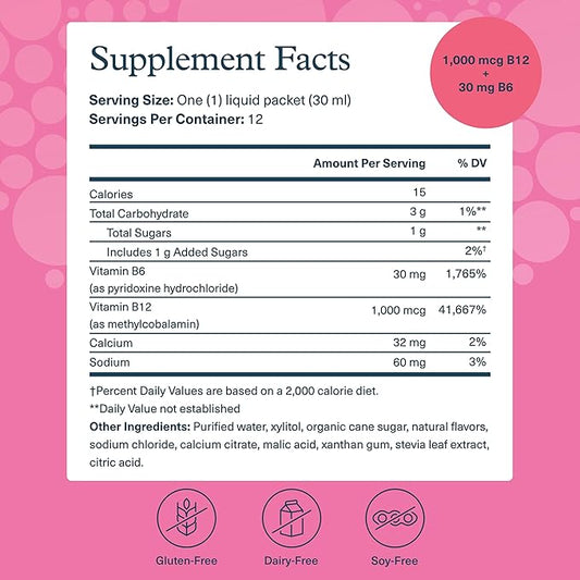 Youtheory Vitamin B12 B6, Daily Energy and Brain Support Supplement, Liquid Raspberry Flavor, 12 – 1oz Single Serving Packets
