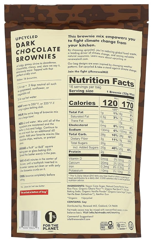 Renewal Mill Dark Chocolate Brownie Mix 18 oz, Gluten-Free, Vegan, Non-GMO, Upcycled Ingredients I Easy to Make in One Bowl, Only Requires Oil and Water, Kid-Friendly | Packaging May Vary
