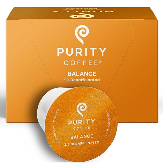 Purity Coffee BALANCE ⅔ Decaf Medium Roast Coffee Single-Serve K Pods (12ct Cups) - Specialty-Grade Mountain Water Processed Decaf + Regular Arabica Blend- USDA Certified Organic Decaffeinated - Third Party Tested for Mold, Mycotoxins, Pesticide Residue