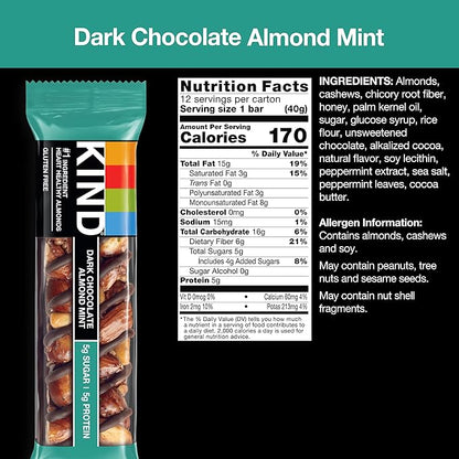 KIND Nut Bars, Dark Chocolate Mint, Healthy Snacks, Gluten Free, Low Sugar, 5g Protein, 12 Count