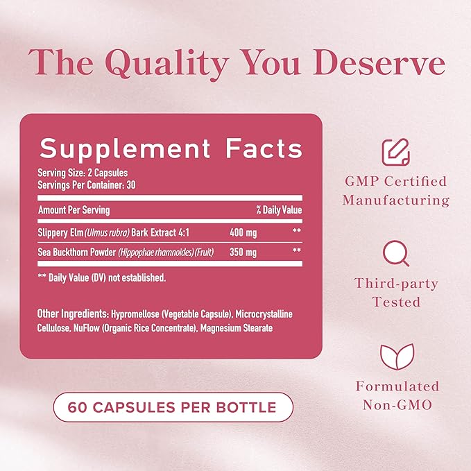 Vaginal Moisture & Vaginal Dryness Support | Slippery Elm Bark & Sea Buckthorn | Moisturizer for Female Comfort with Slippery Elm Capsules | Moisture & Dryness Support | Non-GMO | 60 Capsules