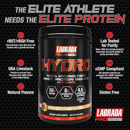 LABRADA HYDRO 100% Pure Hydrolyzed Whey 6g BCAA’s, 4.5g Glutamine, 20 Servings