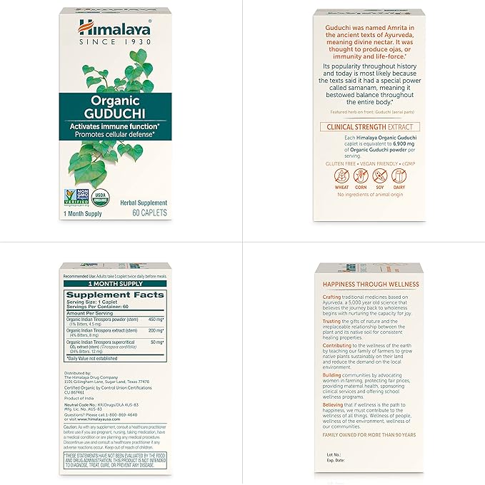 Himalaya Organic Guduchi for Active Immune 700 mg, 60 Caplets, 2 Month 2 Pack