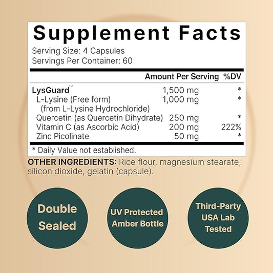 NatureBell L-Lysine 1,000mg Capsules + Quercetin 250mg with 240 Count