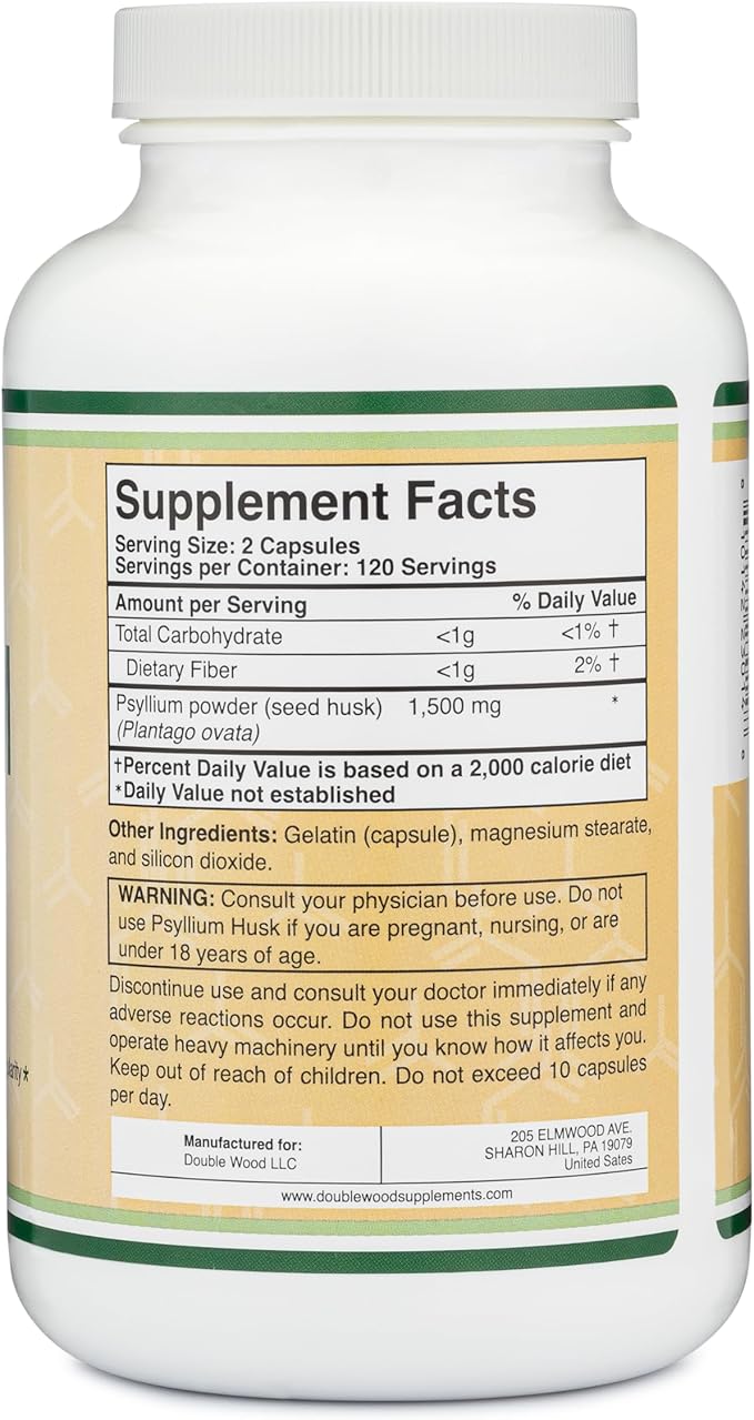 Double Wood Supplements Psyllium Husk Capsules (240 Count, 1,500mg Per