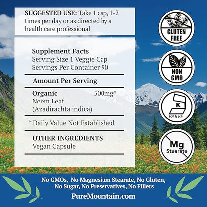 Pure Mountain Botanicals Neem Capsules 90 Kosher 500mg Organic