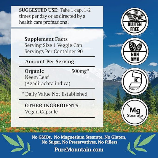 Pure Mountain Botanicals Neem Capsules 90 Kosher 500mg Organic