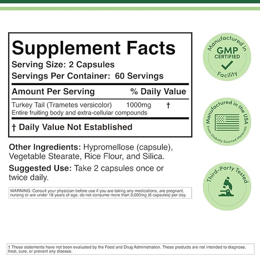 Turkey Tail Mushroom Supplement (120 Capsules - 2 Month Supply) (Coriolus Versicolor) Comprehensive Immune System Support, Non-GMO, Gluten Free, Grown and Encapsulated in The USA by Double Wood