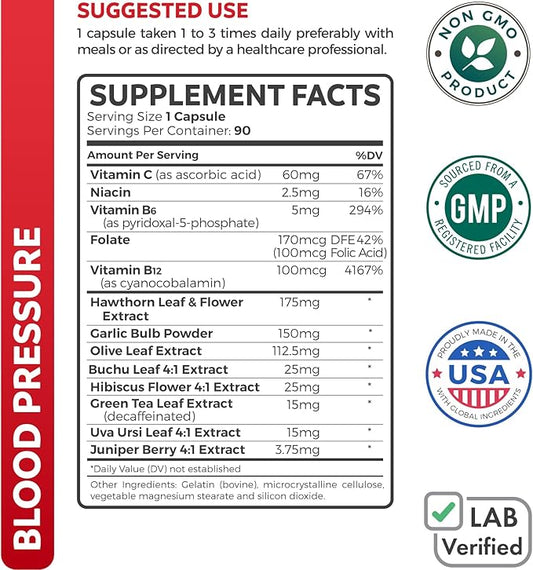 Blood Pressure Support Supplement (NON-GMO) Premium 90 Capsules
