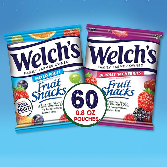 Welch's Fruit Snacks, Mixed Fruit & Berries 'N Cherries Variety Pack, Great for School Lunches, Bulk Pack, Individual Single Serve Bags, 0.8 oz (Pack of 60)