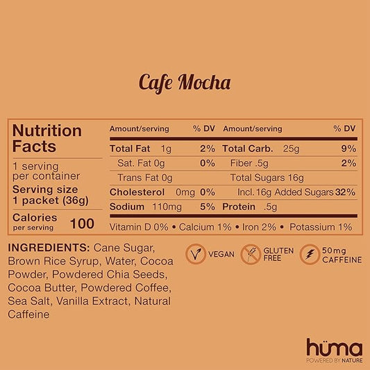 Huma Chia Energy Gel, Café Mocha, 12 Gels, 2x Caffeine - Premier Sports Nutrition for Endurance Exercise