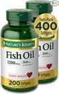 Nature's Bounty Fish Oil, Dietary Supplement with 360mg Omega-3, Supports Heart Health, 1200mg, 200 Softgels (Pack of 2)