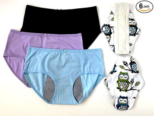 Luna Cup Period Menstrual Panties, Set 3, and 2 Washable (3 M/L 2 Pads)