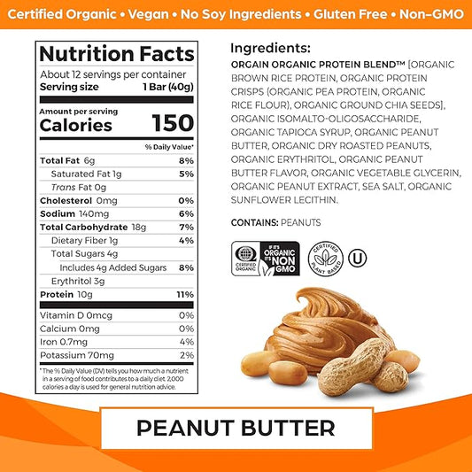 Orgain Organic Vegan Protein Bars, Peanut Butter - 10g Plant Based Protein, Low Calorie Healthy Snacks, No Lactose or Soy Ingredients, Gluten Free, Non-GMO - 1.41 Oz (Pack of 12)