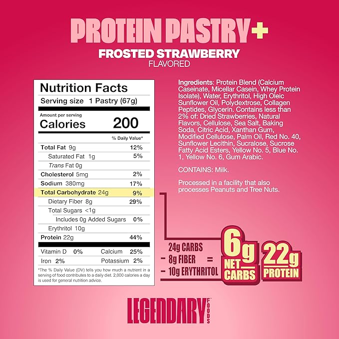 Legendary Foods 22g Protein Pastry+ Premium Low Carb Meal Replacement Bar - Low Glycemic, Gluten Free Protien Snacks - Healthy Keto Snack Box, 8x Zero Sugar Energy Bars - Bariatric Diabetic Friendly