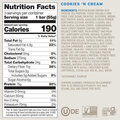 No Cow Vegan Protein Snack Bar Variety Pack, High Protein & 10g Fiber, Low Sugar, Gluten-Free, Dairy-Free, For On-the-Go Nutrition & Post-Workout (Cookies ‘n Cream, Chocolate Caramel Peanut, 6 Count)